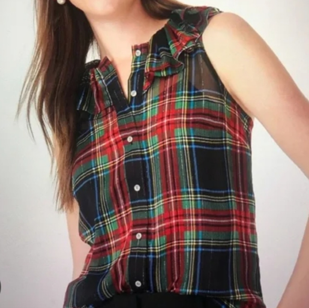 J. Crew Tartin Plaid Sleeveless Ruffle Blouse